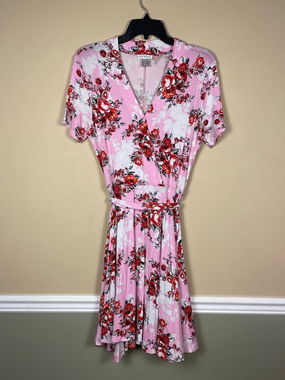 VENUS Women’s Floral Print Multicolor Faux Wrap Waist Tie Short Sleeve Dress